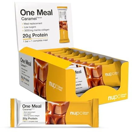 NUPO One Meal Bar – Caramel (15 x 60g) | Leckerer High Protein Mahlzeitenersatz Riegel zum Abnehmen | Low Sugar | Mit 3000 mg Kollagen | Kalorienarme Snacks mit Vitaminen & Mineralien