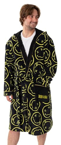 Nirvana Mens Black Logo Hooded Bathrobe | Cosy Fleece Loungewear with Pockets & Yellow Accents | Long Sleeve Tie Closure | Music Band Merch