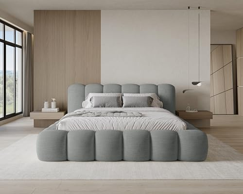 Chilly. Möbel Design Lit Stone 140 x 200 - Lit Coffre Rembourré - 2 Personnes - Revêtement Élégant Tissu en Velours Côtelé Poso Gris Foncé