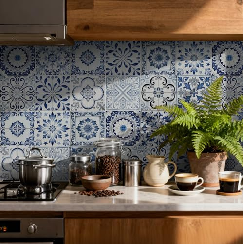Tile Stickers for Kitchen 24 pcs Stick on Tiles Kitchen Bathroom Self | Adhesive Peel and Stick Wall Waterproof Oil-Proof (15cm x 15cm, 6x6 inches) for Floor Stairs Furniture(BLUE WHITE 2)