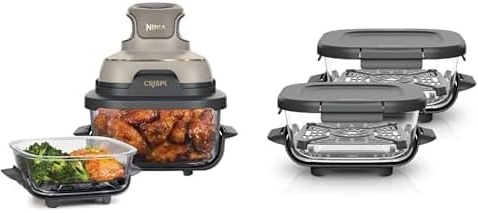 NINJA CRISPi Air Fryer Design Compact, 2 Capacités Interchangeables en Verre avec Couvercles, FN101EUSTGD + Ninja CRISPi 2 boites en verre sous vide TempWare plats XSKLIDPLT2EUUK