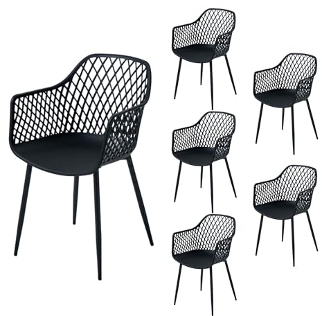 PPkrimnel Gartenstühle, Schwarz, 6 STK, Armlehne, UV-beständig | Outdoor- Und Gartenstuhl Mit Armlehnen Bis 150 KG, Luftdurchlässige Gitterlehne, Rostfrei, Höhenverstellbare Füße