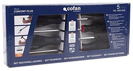 Cofan Juego de 3 destornilladores planos y 2 destornilladores Phillips | Modelo Comfort plus | En estuche especial de cartón