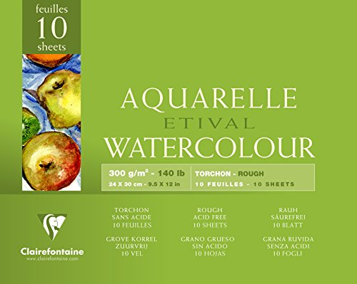 Clairefontaine 96561C - Block Aquarellpapier Etival, Torchon, 4-seitig geleimt, 10 Blatt 300g, 24x32 cm, 100% Zellulose, Studienqualität, Weiß, 1 Stück