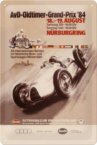 Nostalgic-Art Retro Blechschild, 20 x 30 cm, Audi – AvD Oldtimer Grand Prix – Geschenk-Idee für Audi-Zubehör Fans, Original Lizenzprodukt (OLP), aus Metall, Vintage Design, Blechschilder Sprüche