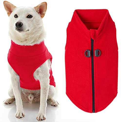 Gooby Zip Up Fleece Dog Sweater - Red, Medium - Warm Pullover Fleece Step-in Dog Jacket with Dual D Ring Leash - Winter Small Dog Sweater - Dog Clothes for Small Dogs Boy and Medium Dogs