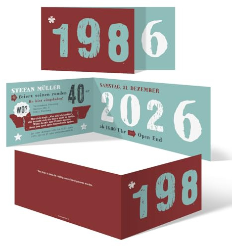 Kartenmachen.de Personalisierte 40 Jahre Runder Geburtstag 2026 Einladungskarten ab 10 bis 100 Stück - Retro Geburtsjahr