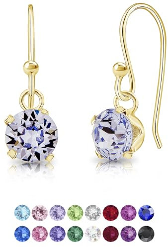 DTPsilver® Pendientes Pequeños de Colores - Pendientes Plata de Ley 925 Chapado en Oro con Cristal Swarovski® 6 mm - Pendientes Colgantes Dorados - Pendientes Mujer Lavanda