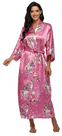 Damen Langer Satin Robe Floral Kimono Bademantel Leichte Nachtwäsche Brautparty Brautjungfern Roben, Rose, XL/3XL
