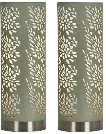 2 Pack - Brushed Brass & Sage Green Suede Floral Etched Cylinder Shade Touch Table Desk Lamp | 1 x E14 SES Dimmable Lamp Bulb Required (Not Included) | 3 Position & Off Touch Control