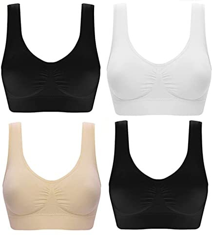 Marielle 4 Pack Double Lined Material Premium Comfort Bra Women Seamless Bralette Sleep Yoga Vest Wire Free (4 Pack Black/White/Nude/Black, S)
