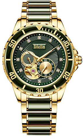 Diella Luxus Uhren Herren Datumsanzeige, Skelett Herren Automatik Uhren Wasserdicht, Gold Edelstahl und Dunkelgrün Jade Herren Armband Uhren