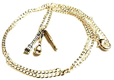 Cutlery Necklace Knife,Fork & Spoon on a 925 Hallmarked Silver 22'' Chain Chef Cook Baker Waiter Waitress Gift Boho Foodie Jewellery