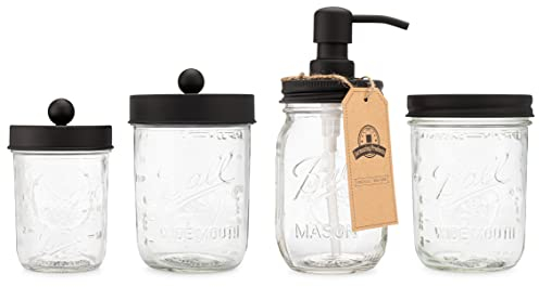 Jarmazing Products Ball Mason Jar Badezimmer Geschenkset (4 Stück) – LotionSeifenspender, Zahnbürstenhalter, QTip Vorratsgläser – Bauernhaus Wohnkultur für die Vanity Organisation – LuxusZubehör –