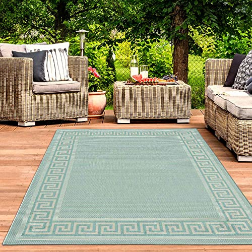 VIMODA In- und Outdoor Teppiche Flachgewebe Balkon Küche Bordüre Look In Blau & Turkis, Farbe:Turkis, Maße:160x220 cm