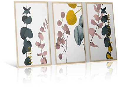 ZSDWGL Wanddeko Eukalyptus Abstraktes Senfgelb Rosa Grün Leinwand Wand Bilder – Botanische Wanddrucke Pflanze Minimalistische Wand Bilder Wohnkultur 3er Set 50x70cm x3 Rahmenlos