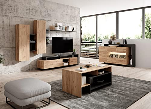 lukmebel Alvo Wohnwand, dreiteilig, minimalistisch, modern, universell, Hängeregal, RTV-Schrank, dezentes Design, sehr funktional, langlebig, Sieht wie Holz aus, Anthrazit Eiche Craft