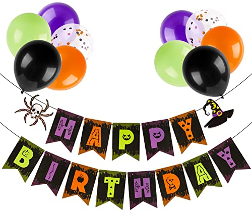 Pancarta Feliz Cumpleaños Halloween Con Globos y Guirnalda - Decoración Fiesta de Cumpleaños - Banderín Happy Birthday - Banner Decorativo Para Hogar