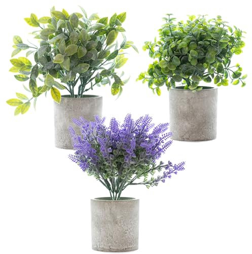 Woodside Mini Potted Artificial Plants, Indoor Outdoor Home & Office Faux/Fake Bedroom Kitchen Table Plants, Eucalyptus/Rosemary/Lavender, pack of 3