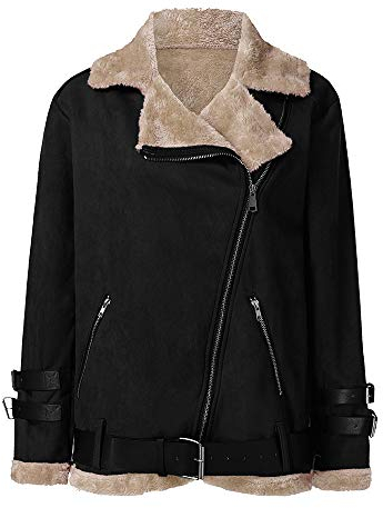 Kunstpelz Mantel Damen Lederjacke Damen Warm Winterjacke Mit Teddyfutter Revers Bomberjacke,Wildlederjacke Dicke Biker Motor ReißVerschluss Outwear, Schwarz, M