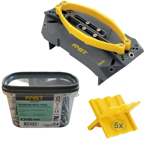 FAST deck-tool™ I Terrassen-Montage-Tool I unsichtbare Schrauben I PROFI Montage-Hilfe I schnelle, präzise Terrassenmontage I Heim- & Handwerker I inkl. 5 SPACER + 200 Terassenschrauben – C4 / 4,8x60