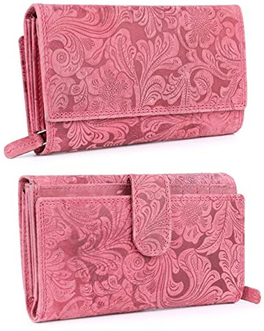 irisaa Damen Leder Wild Geldbörse, Portemonnaie Lang Geldbeutel,RFID Schutz 21 Kartenfächer, Brieftasche Groß, Vintage Design Used Look, Damen Tasche:Pink Blumen