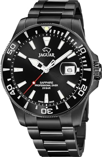 JAGUAR Swiss Made Herrenuhr Analog aus Edelstahl 316L Schwarz | Quarzuhr, Kalender, Widerstandsfähiges Saphirglas, Wasserdicht 20 ATM, J989/1, Executive, Schwarzes Zifferblatt