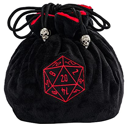 KSNDie Large Dice Bags with Pockets Black Storage Bag with Drawstrings D20 Logo for DND RPG Game Dices - Capacity 200+ Dice