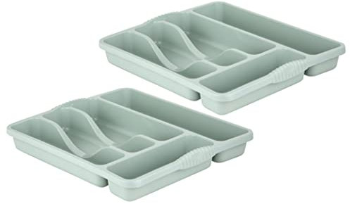 [Set of 2] - High Grade Durable Plastic Compartment Cutlery Storage Stand Holder Cutlery Organiser Tray for Kitchen Drawers - Silver Sage (Small Cutlery Tray)