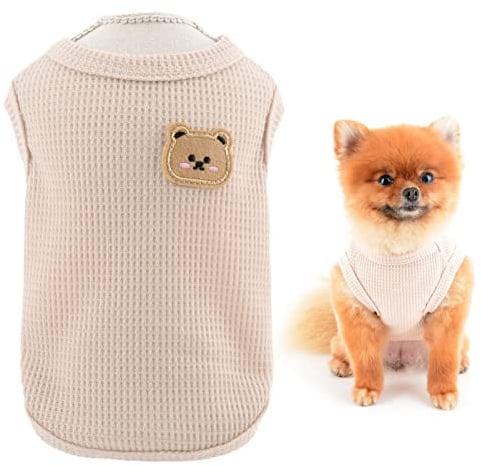 SMALLLEE_LUCKY_STORE Cute Bear Waffle Knit Tank Top Puppy T-shirt for Small Dogs Cats Boy Girl Stretchy Tee Shirt Vest Yorkie Chihuahua Pet Summer Clothes,Cream,S