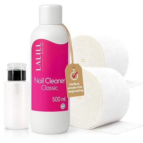 LALILL Nagel Cleaner Set 500 ml mit 1000 Zelletten und Pumpspender 200 ml | 12-lagige fusselfreie Zellstoffpads, für Gel und Shellac, reinigt und entfettet, entfernt Schwitzschicht, Pumpflasche