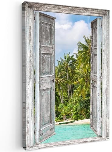 MuchoWow© Leinwand Bilder 60x90 cm Wanddeko Wohnzimmer Aesthetic Room Decor Deko Zimmer Wandbilder Modern Fotogeschenke Palme - Meer - Fensterblick - Tropisch