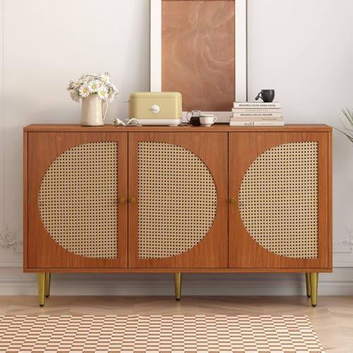 Sweiko Sideboard mit 3 Rattan verzierten Türen und Metallgriffe Kommode Highboard mit Goldfarbene Metalltischbeine,Haushaltsschrank Aufbewahrungsschrank für Schlafzimmer Wohnzimmer Büro