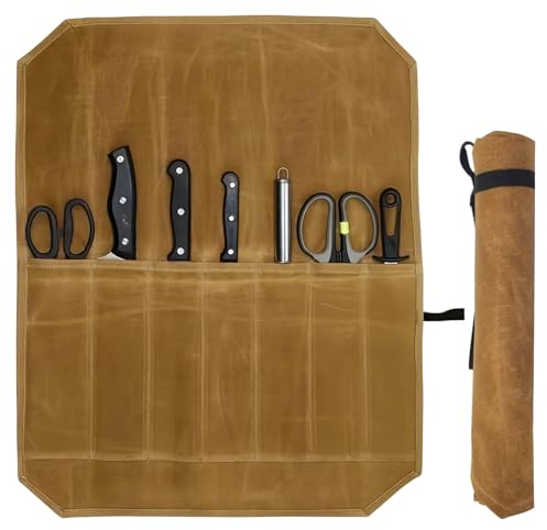HOMURY Estuche para cuchillos de cocinero con 7 compartimentos, estuche de lona encerada para cuchillos de cocinero, marrón, Profesional
