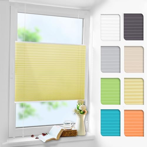 Plissee ohne Bohren Gelb 80x120cm Plissee Klemmfix Version Plisseerollo Sichtschutz und Sonnenschutz Blickdicht Easyfix lichtdurchlässig Rollo für Fenster & Tür
