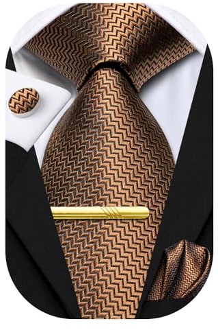 Hi-Tie Krawatten-Set für Herren, Krawatte, Einstecktuch, Hochzeit, formelle Manschettenknöpfe, Krawattenklammer, 4-teiliges Set, Braun gestreift, M