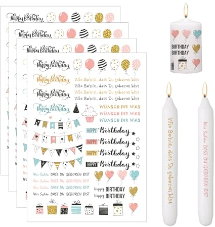 Kerzentattoos Geburtstag, Kerzensticker, Kerzen Tattoo Geburtstag, 4 Stück Wasserschiebefolie, Kerzen Tattoos, Tattoo Folie Kerzen, für Gestaltung von Kerzen und Keramik, Geburtstagskerze, DIY C