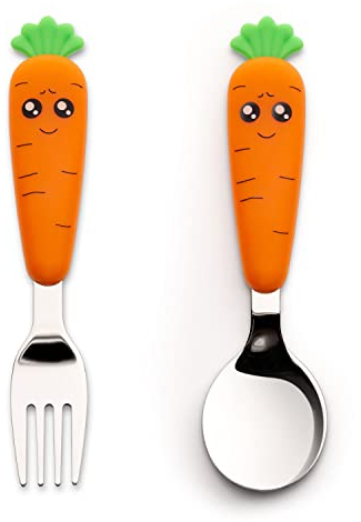 2 PCS Toddler Cutlery Set, Afuiiuq Baby Cutlery Set Toddler Metal Spoons and Fork, Childrens Cutlery Set Kids Cutlery Set Made of 304 Stainless Steel Recommended for Children Over 12 Months (Radish)