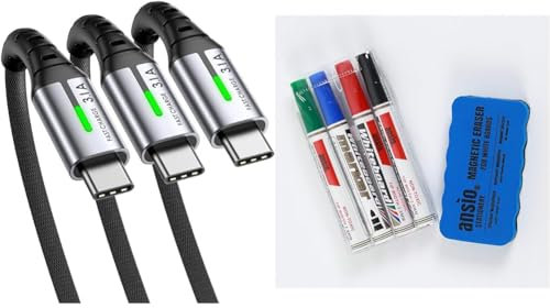 INIU USB C Charger Cable, [3 Pack, 2+2+0.5m] USB A to USB C Cable 3.1A Fast Charging & ANSIO Dry Wipe Whiteboard Marker Pen Set with Magnetic Eraser, White Board pens
