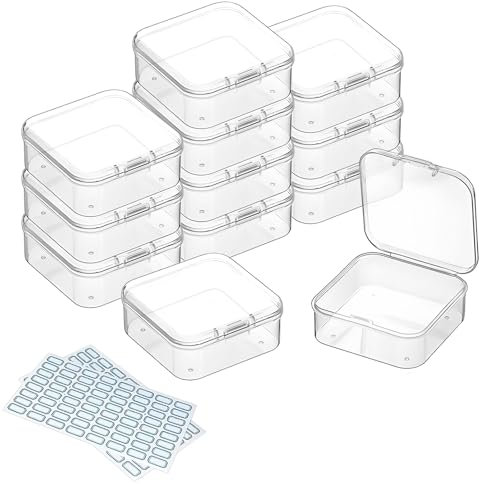 DUOFIRE Cajas Almacenaje Plastico Pequeña Cajas Transparentes Caja pequeña de plástico con cuentas de almacenamiento de 12 unidades pequeños recipientes para cuentas, joyas(6,4 x 6,4 x 2 cm)
