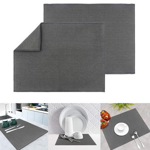 HYEIOL Grau Abtropfmatte für Küche,50x38cm 2 Stück Mikrofaser Trocknungsmatte Geschirrmatte Arbeitsplatten für Barkeeper Zubehör Cocktailgläser Küchenbesteck