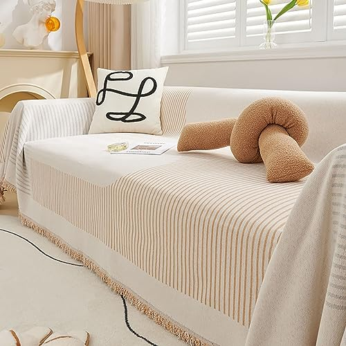 Bishilin Sofabezug Ecksofa 180x130, Couchbezug 1 Sitzer Modern Khaki Gestreift mit Quasten Überzug Sofa Katzen Kratzfest rutschfest