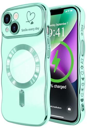 LCHULLE Magnetisch Handyhülle für iPhone 14 Hülle [Kompatibel mit Magsafe] Liebesherz Schutzhülle Kameraschutz Wellen Lockige Form Galvanisch Silikon Case für iPhone 14 Hellgrün