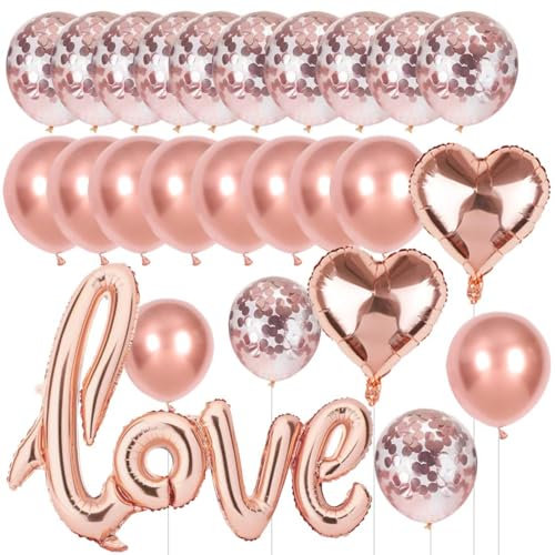 Luftballons Love Roségold, XXL Love Helium Folienballon Rose Gold,Konfetti Herz Ballons Rose Gold Set für Hochzeit Heiratsantrag Valentinstag Geburtstag JGA Romantisch Deko Dekoration