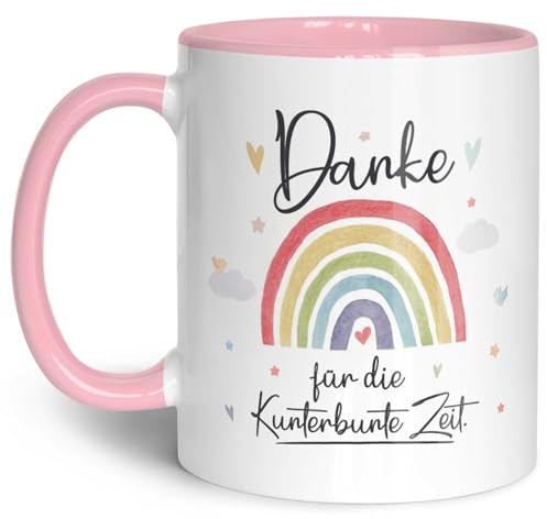 Bedruckte Tasse mit Spruch - Danke für die Kunterbunte Zeit - Geschenk für Erzieher Lehrer zum Kindergarten Abschied - Geschenk als Dankeschön - Farbe Regenbogen - Rosa
