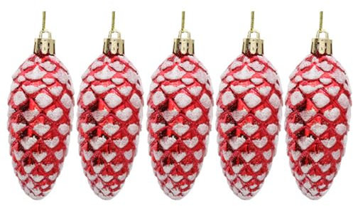 Tannenzapfen-Kugeln für Weihnachtsbaumschmuck, 92 mm, glänzend und glitzernd, hängende Tannenzapfen, Rot, 5 Stück