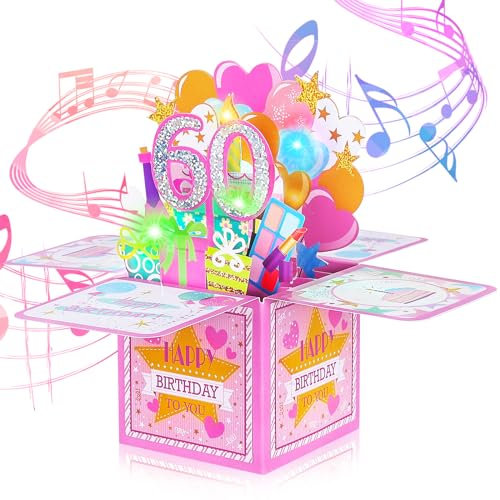Joyoldelf Geburtstagskarte für Damen, 60 Jahre, Musikkarte, 3D, Pop-Up, Geschenk zum Geburtstag für Mädchen, ideal für Mutter, Freundin, Mutter, Schwester, Freundin, Begleiter, Familienfeier