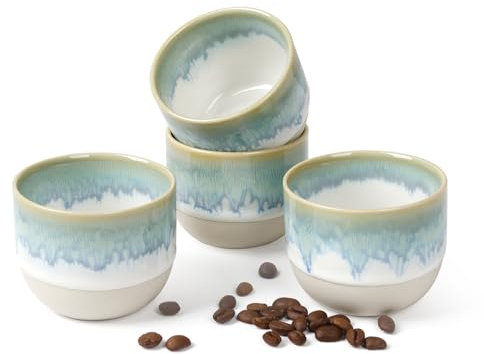 NOVAJOY | Espressotassen Set | 4-teilig | 140 ml | Mini-Espressotasse - Handgefertigt dickwandigem | Hochwertige Tassen aus Steingut | Ohne Henkel | Kaffeetassen | Mokka | Geschenk in modernem Design