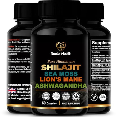 NuetonHealth Shilajit, Sea Moss, Lion's Mane, and Ashwagandha Capsules - Comprehensive All-in-One Wellness Supplement for Mind, Body, and Vitality - 60 Vegan Capsules