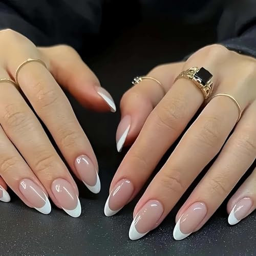 24 Pcs Almond French Tip Short False Nails Set - Nude & White Press On Designs, Glossy Removable Glue-On Nails - Acrylic Full Cover Stick-On Nails for Women & Girls